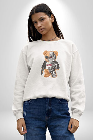Robot Ayı Güneş Gözlüğü Kadın Erkek  Beyaz Baskılı Sweatshirt 