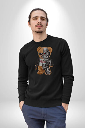 Robot Ayı Güneş Gözlüğü Kadın Erkek  Siyah Baskılı Sweatshirt 