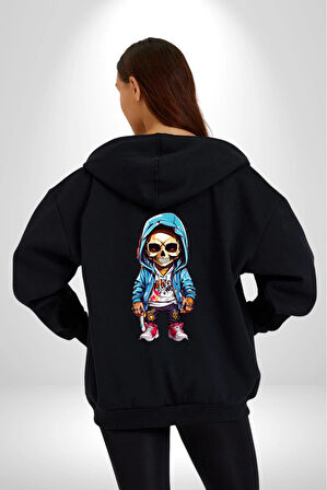 Hiphop Kurukafa Hoodie Kadın Erkek Siyah Renk Kapüşonlu Kanguru Cepli  Fermuarlı Pamuklu Oversize Dijital Baskılı Hırka Sweatshirt