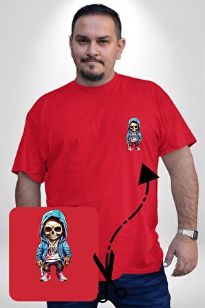 Hiphop Kurukafa Hoodie Kırmızı Büyük Beden Kadın Basic Minimal Baskılı Tişört
