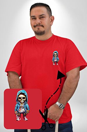 Hiphop Kurukafa Hoodie Kırmızı Büyük Beden Kadın Basic Minimal Baskılı Tişört