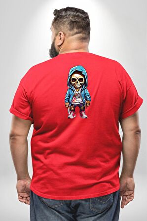 Hiphop Kurukafa Hoodie Büyük Beden Kırmızı Tişört Kadın Erkek Ünisex Sırt Baskılı