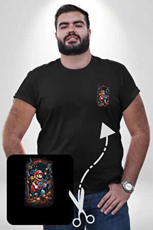 Mağara Süper Mario Gitar Siyah Büyük Beden Kadın Basic Minimal Baskılı Tişört