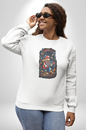 Mağara Süper Mario Gitar Kadın Erkek  Beyaz Baskılı Sweatshirt 