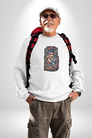 Mağara Süper Mario Gitar Kadın Erkek  Beyaz Baskılı Sweatshirt 