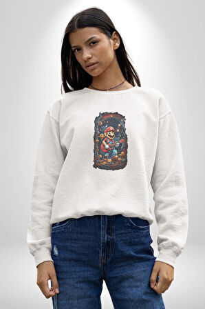 Mağara Süper Mario Gitar Kadın Erkek  Beyaz Baskılı Sweatshirt 