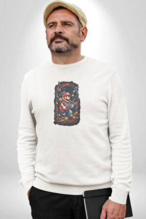 Mağara Süper Mario Gitar Kadın Erkek  Beyaz Baskılı Sweatshirt 