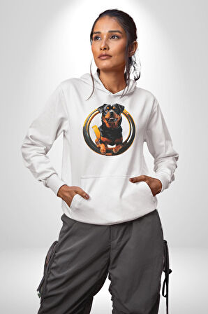 Süper Tasma Rottweiler Eğitim Kadın Erkek  Beyaz Kapüşonlu Sweatshirt Hoodie