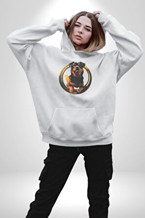 Süper Tasma Rottweiler Eğitim Kadın Erkek  Beyaz Kapüşonlu Sweatshirt Hoodie