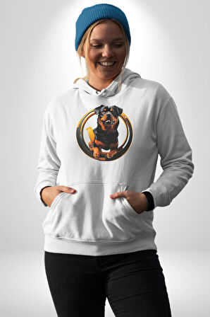 Süper Tasma Rottweiler Eğitim Kadın Erkek  Beyaz Kapüşonlu Sweatshirt Hoodie