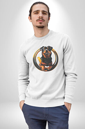 Süper Tasma Rottweiler Eğitim Kadın Erkek  Beyaz Baskılı Sweatshirt 