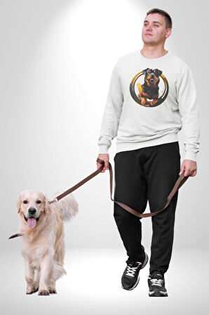 Süper Tasma Rottweiler Eğitim Kadın Erkek  Beyaz Baskılı Sweatshirt 