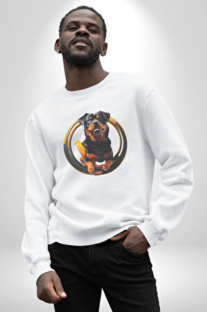 Süper Tasma Rottweiler Eğitim Kadın Erkek  Beyaz Baskılı Sweatshirt 