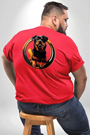 Süper Tasma Rottweiler Eğitim Büyük Beden Kırmızı Tişört Kadın Erkek Ünisex Sırt Baskılı