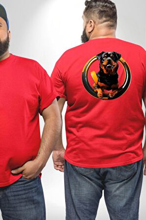 Süper Tasma Rottweiler Eğitim Büyük Beden Kırmızı Tişört Kadın Erkek Ünisex Sırt Baskılı