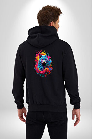Renkli Kurt Kadın Erkek Siyah Renk Kapüşonlu Kanguru Cepli  Fermuarlı Pamuklu Oversize Dijital Baskılı Hırka Sweatshirt