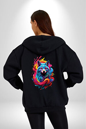Renkli Kurt Kadın Erkek Siyah Renk Kapüşonlu Kanguru Cepli  Fermuarlı Pamuklu Oversize Dijital Baskılı Hırka Sweatshirt