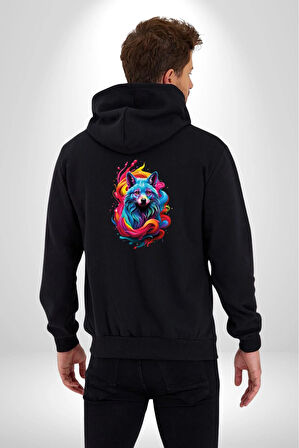 Renkli Kurt Kadın Erkek Siyah Renk Kapüşonlu Kanguru Cepli  Fermuarlı Pamuklu Oversize Dijital Baskılı Hırka Sweatshirt