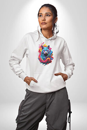 Renkli Kurt Kadın Erkek  Beyaz Kapüşonlu Sweatshirt Hoodie