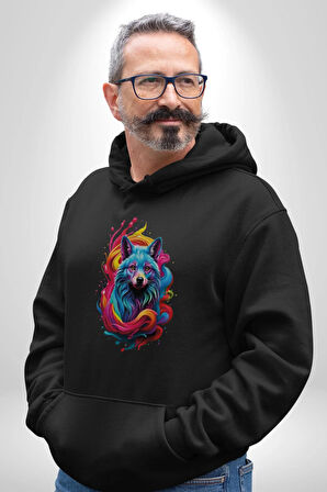 Renkli Kurt Kadın Erkek  Siyah Kapüşonlu Sweatshirt Hoodie