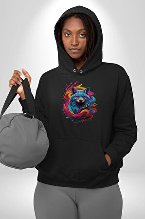 Renkli Kurt Kadın Erkek  Siyah Kapüşonlu Sweatshirt Hoodie