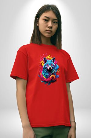 Renkli Kurt Pamuklu Bisiklet Yaka Kadın Erkek Oversize Boyfriend Dijital Baskılı Kırmızı T-Shirt