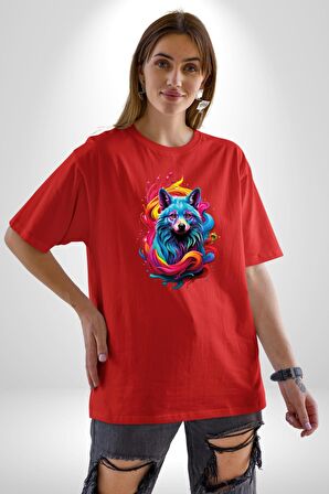 Renkli Kurt Pamuklu Bisiklet Yaka Kadın Erkek Oversize Boyfriend Dijital Baskılı Kırmızı T-Shirt