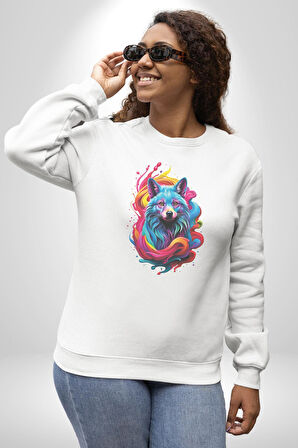 Renkli Kurt Kadın Erkek  Beyaz Baskılı Sweatshirt 