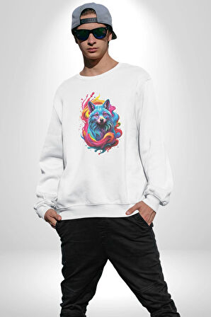 Renkli Kurt Kadın Erkek  Beyaz Baskılı Sweatshirt 