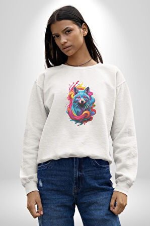 Renkli Kurt Kadın Erkek  Beyaz Baskılı Sweatshirt 