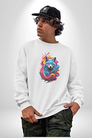 Renkli Kurt Kadın Erkek  Beyaz Baskılı Sweatshirt 