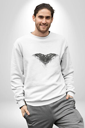 3 Gözlü Kuzgun Kadın Erkek  Beyaz Baskılı Sweatshirt 