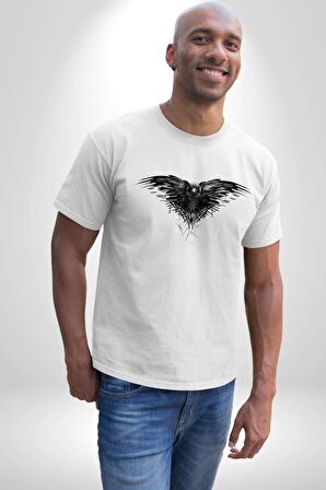 3 Gözlü Kuzgun Kadın Erkek Unisex Beyaz Organik Baskılı T-Shirt Penye Yüksek Kalite