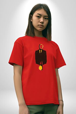 Görünmez İnsan Takım Elbise Pamuklu Bisiklet Yaka Kadın Erkek Oversize Boyfriend Dijital Baskılı Kırmızı T-Shirt