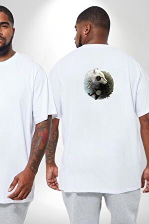 Yin İle Yang Beyaz Beyaz Kurt   Büyük Beden Beyaz Tişört Kadın Erkek Ünisex Sırt Baskılı
