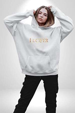 Lucifer Kadın Erkek  Beyaz Kapüşonlu Sweatshirt Hoodie
