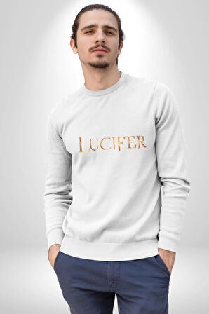 Lucifer Kadın Erkek  Beyaz Baskılı Sweatshirt 