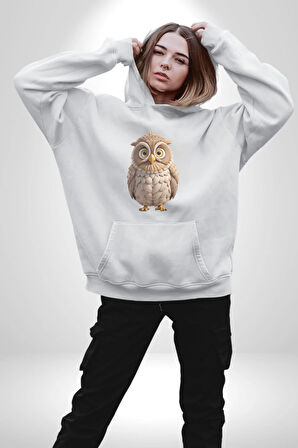 Baykuş Kadın Erkek  Beyaz Kapüşonlu Sweatshirt Hoodie