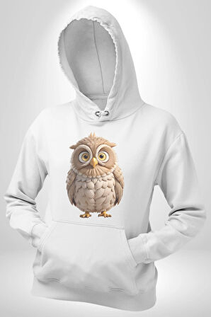 Baykuş Kadın Erkek  Beyaz Kapüşonlu Sweatshirt Hoodie