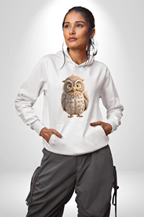 Baykuş Kadın Erkek  Beyaz Kapüşonlu Sweatshirt Hoodie