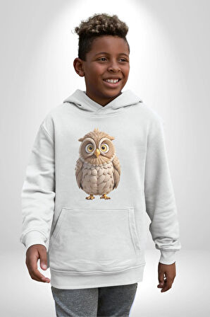 Baykuş Kadın Erkek  Beyaz Kapüşonlu Sweatshirt Hoodie