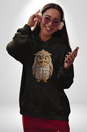 Baykuş Kadın Erkek  Siyah Kapüşonlu Sweatshirt Hoodie