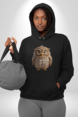 Baykuş Kadın Erkek  Siyah Kapüşonlu Sweatshirt Hoodie