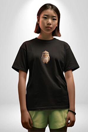 Baykuş Siyah Oversize Kadın Erkek Ön Orta Minimal Baskılı Tişört
