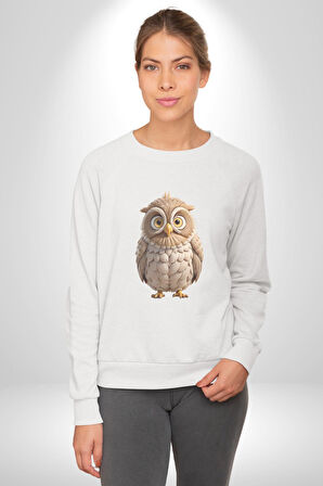 Baykuş Kadın Erkek  Beyaz Baskılı Sweatshirt 