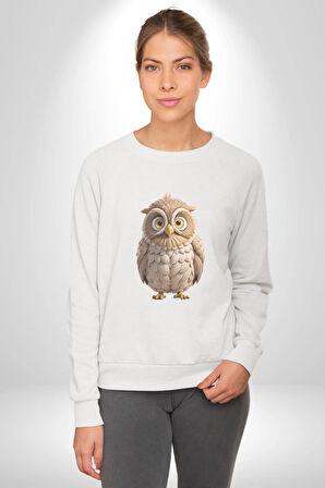 Baykuş Kadın Erkek  Beyaz Baskılı Sweatshirt 
