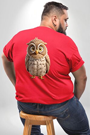 Baykuş Büyük Beden Kırmızı Tişört Kadın Erkek Ünisex Sırt Baskılı