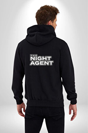 The Night Agent Kadın Erkek Siyah Renk Kapüşonlu Kanguru Cepli  Fermuarlı Pamuklu Oversize Dijital Baskılı Hırka Sweatshirt
