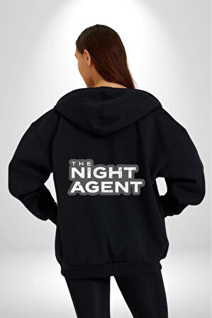 The Night Agent Kadın Erkek Siyah Renk Kapüşonlu Kanguru Cepli  Fermuarlı Pamuklu Oversize Dijital Baskılı Hırka Sweatshirt
