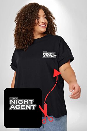 The Night Agent Siyah Büyük Beden Kadın Basic Minimal Baskılı Tişört